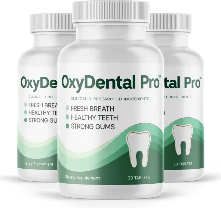 OxyDental Pro 3 bottle package natural dental supplement for healthy teeth and strong gums